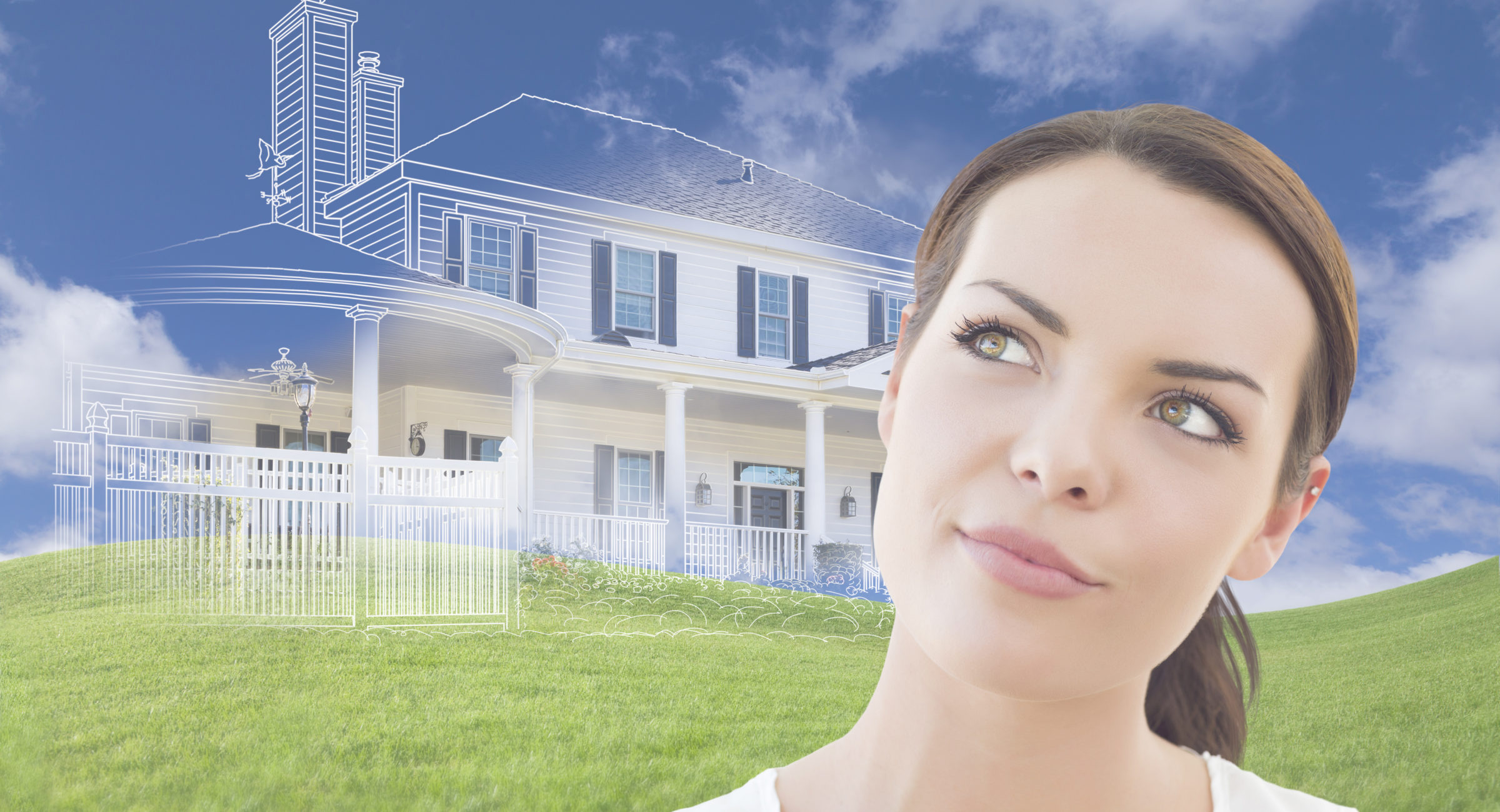 Curious Mixed Race Female Looks Over to Ghosted House Drawing, Partial Photo and Rolling Green Hills Behind.